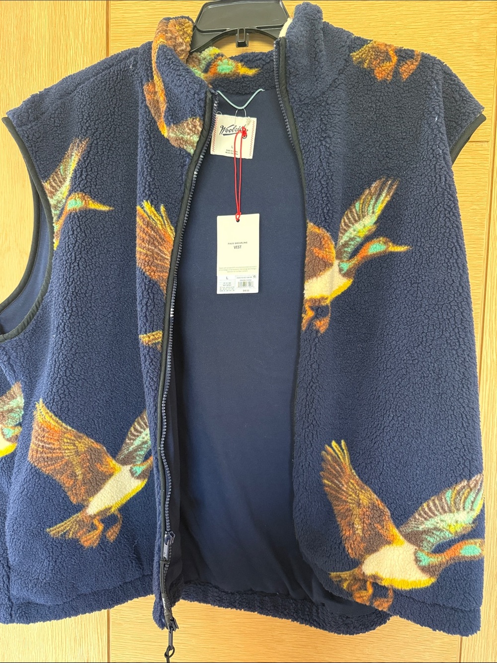 Woolrich Navy Sherpa Vest with Multicolor Duck Print